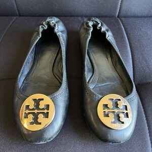 Tory Burch Black Leather Ballet Flats with Gold Logo Medallions